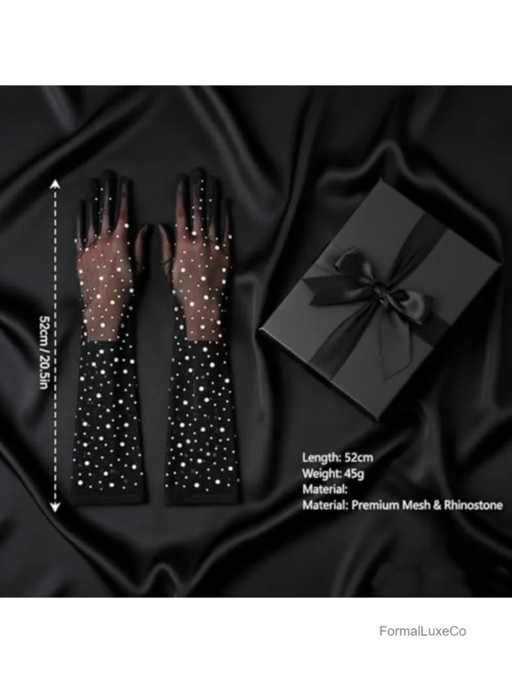 Elbow-Length Sheer Mesh Gloves with Rhinestones, 52cm Formal Gloves for Women